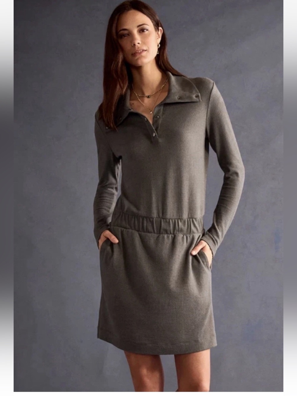 Cabi Haven Dress SM Item 4973 
Long-Sleeve Polo Collar Knit Dress Olive